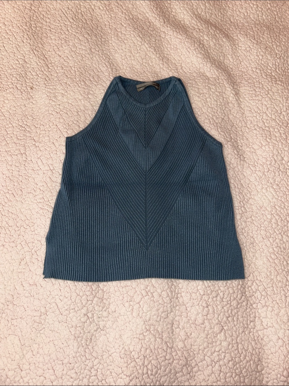 Ribbed V-Detail Knit Tank Top — Teal Blue